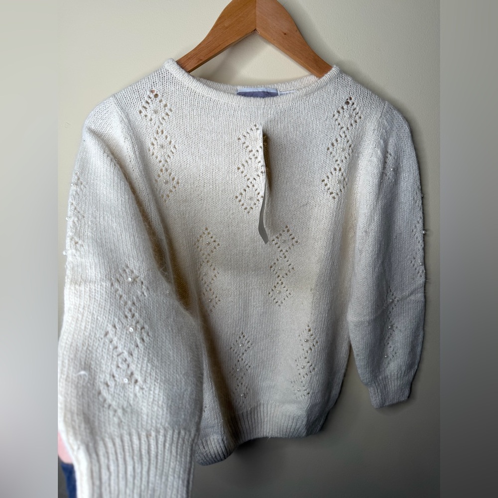 VINTAGE 80s Samantha Starr Silk Angora Blend Ivory Pearl 3/4 Sleeve Sweater. NWT